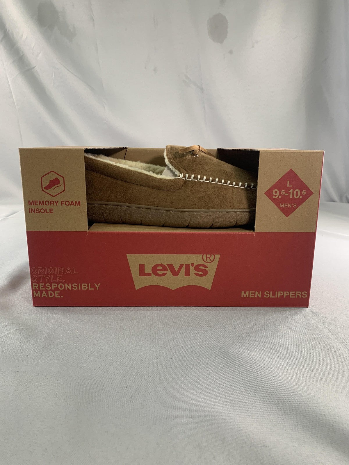 Levis Slippers Mens Size 10 Brown Moccasin Faux Fur Memory Foam House Shoes Red
