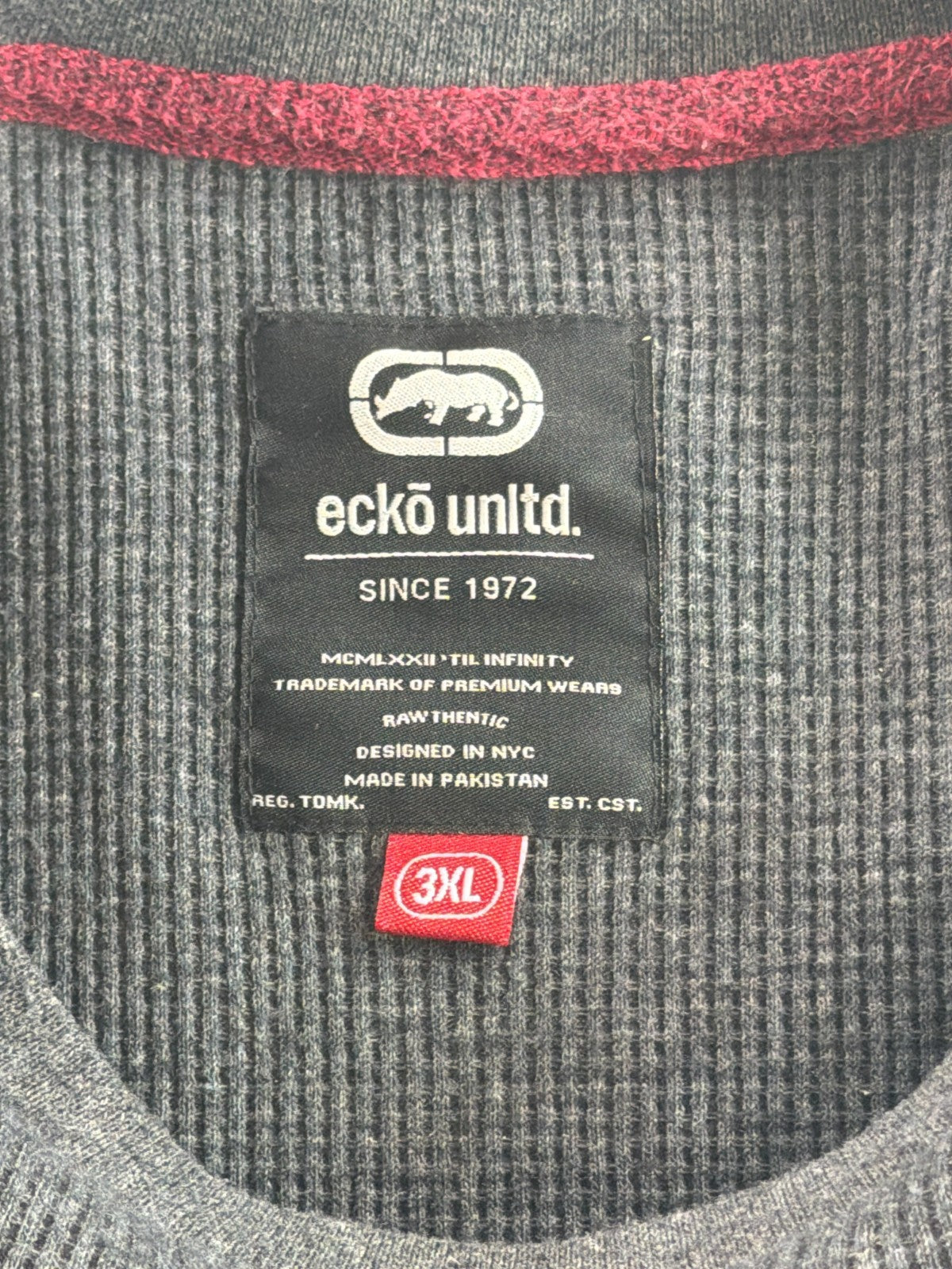 Ecko Unltd Thermal Waffle Knit Long Sleeve Shirt Mens 3XL Gray Red Trim Rhino