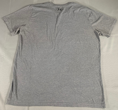 Under Armour HeatGear T-Shirt Mens L Gray Black Logo Loose Fit Short Sleeve Gym