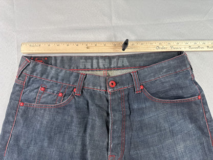 EVISU Classic Straight Leg Jeans 36 Blue 100% Cotton Faded Look Red Denim
