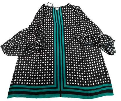 Avenue Studio Tunic NWT 22/24 Black Emerald Polka Dot Ruffle Sleeve V Neck Top