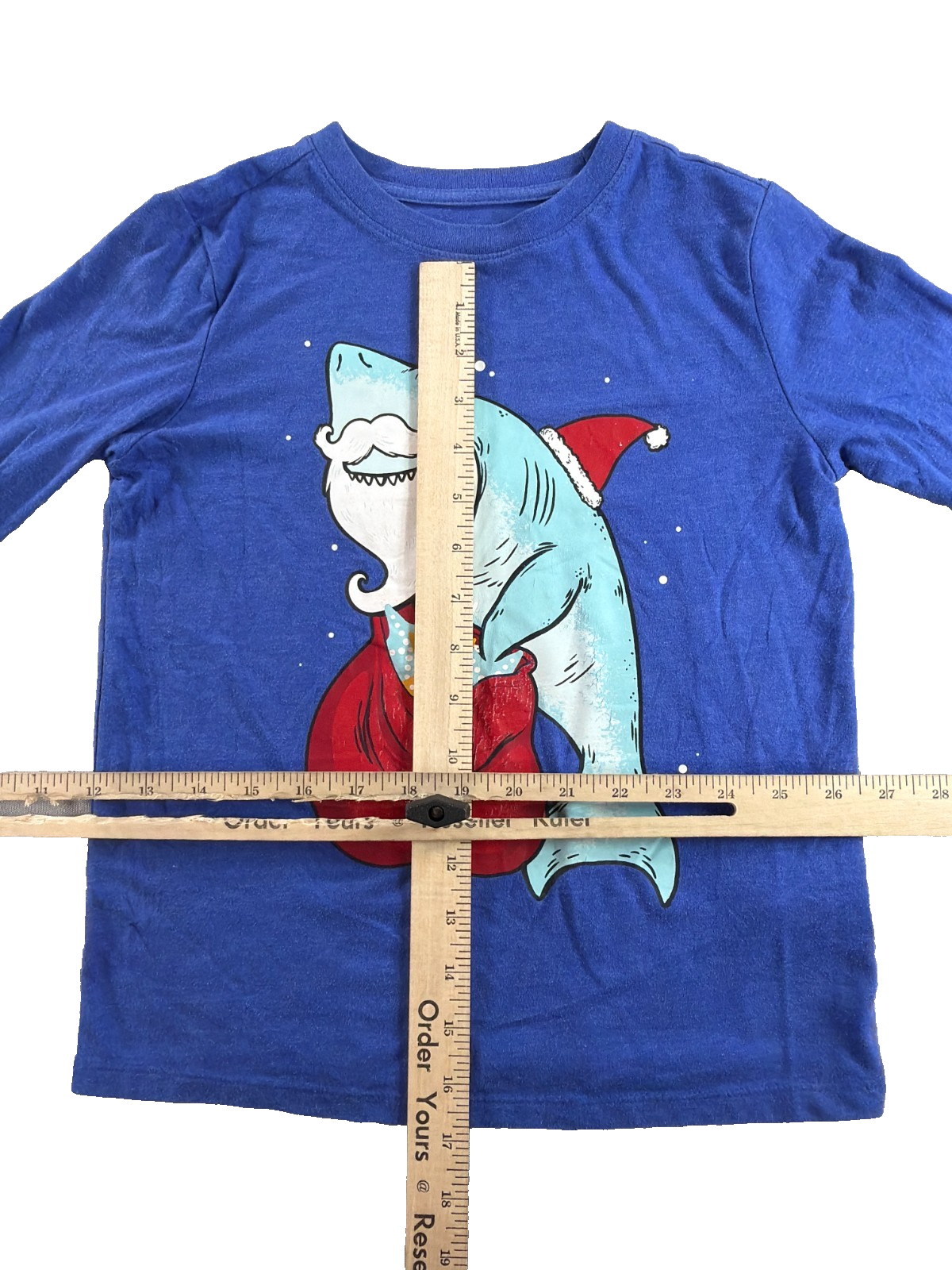 Santa Shark Christmas Cat Jack Boys Long Sleeve Blue Graphic Tee Holiday S 6 7