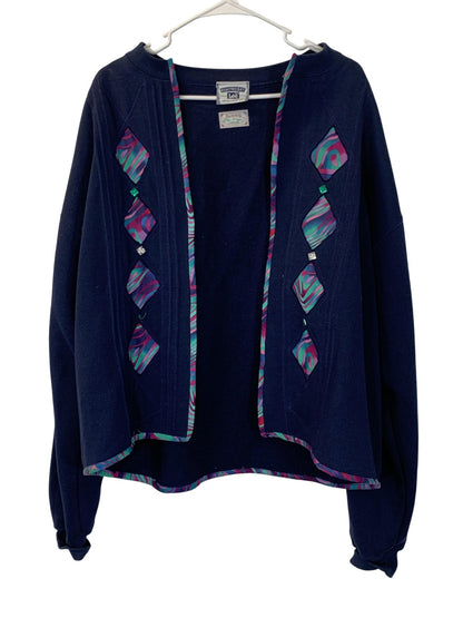 Lee Heavyweight Sweater Cardigan Womens Large Navy Multicolor Applique Handmade