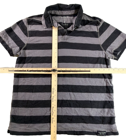 Calvin Klein Jeans Mens Large Gray Black Stripe Polo Shirt Cotton Slub Texture