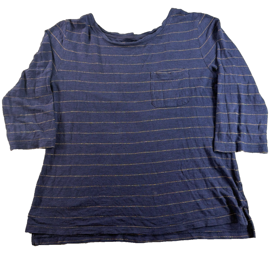 Banana Republic Malibu Tee Navy Gold Metallic Stripe 3/4 Sleeve Pocket Top S