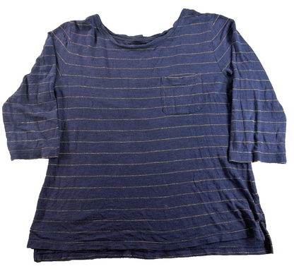Banana Republic Malibu Tee Navy Gold Metallic Stripe 3/4 Sleeve Pocket Top S