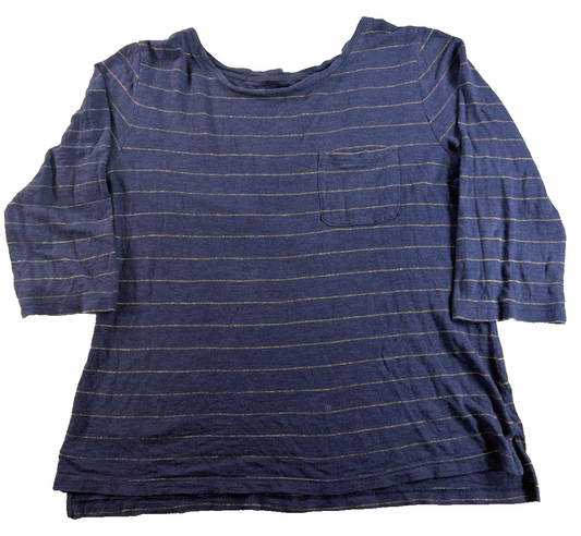 Banana Republic Malibu Tee Navy Gold Metallic Stripe 3/4 Sleeve Pocket Top S