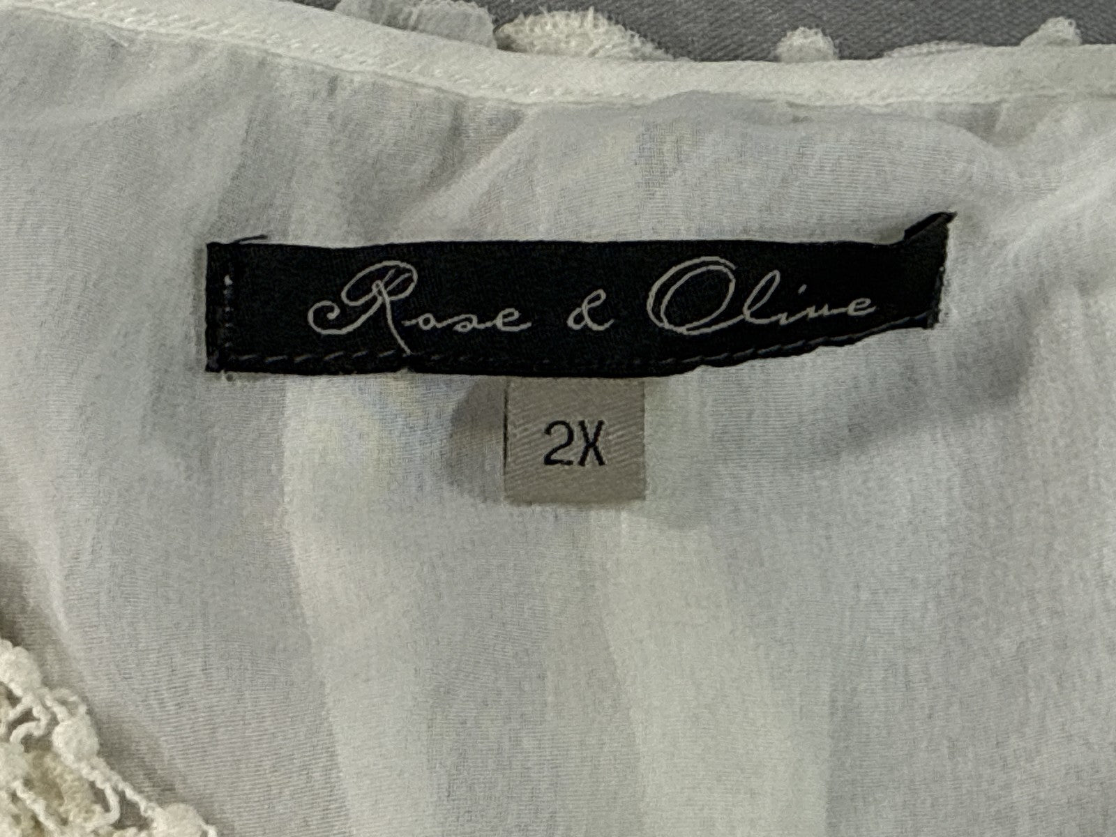 Rose Olive Boho Blouse Womens 2X White 100% Polyester Loose Fit Crochet Neck