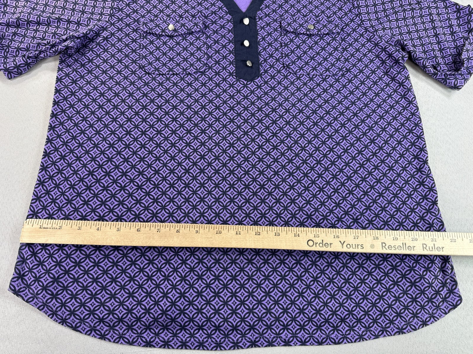 Croft Barrow Purple Geometric Print Henley Short Sleeve Top Womens XXL 100%