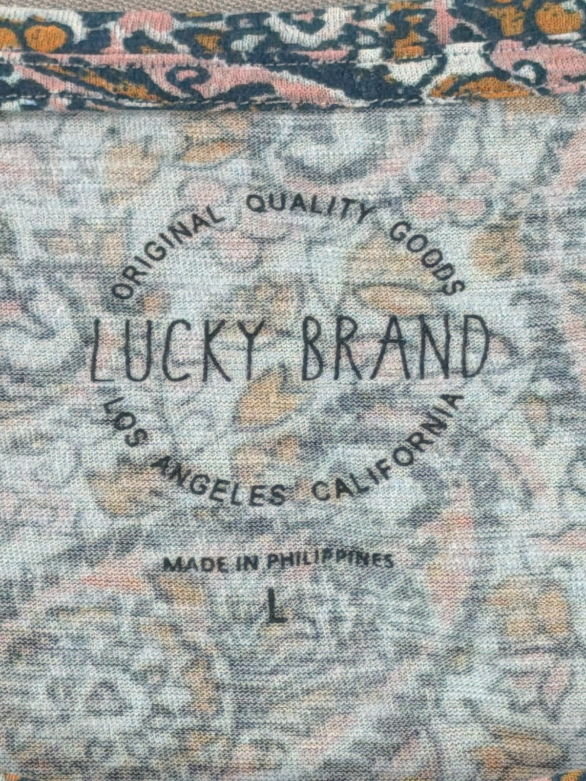 Lucky Brand Womens L Paisley Floral Mixed Print Boho Short Sleeve Tee Top LA