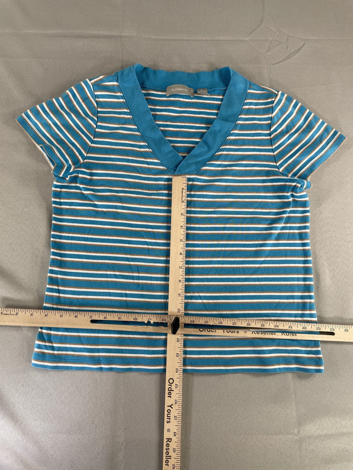 Liz Claiborne Shirt Womens XL Striped V Neck Short Sleeve Casual Top Blouse