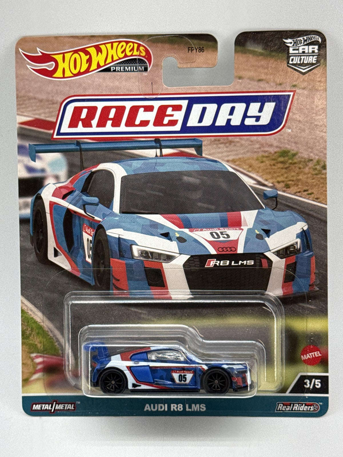Hot Wheels Audi R8 LMS Race Day Diecast Car 1:64 Blue/White/Red Metal/Metal Real