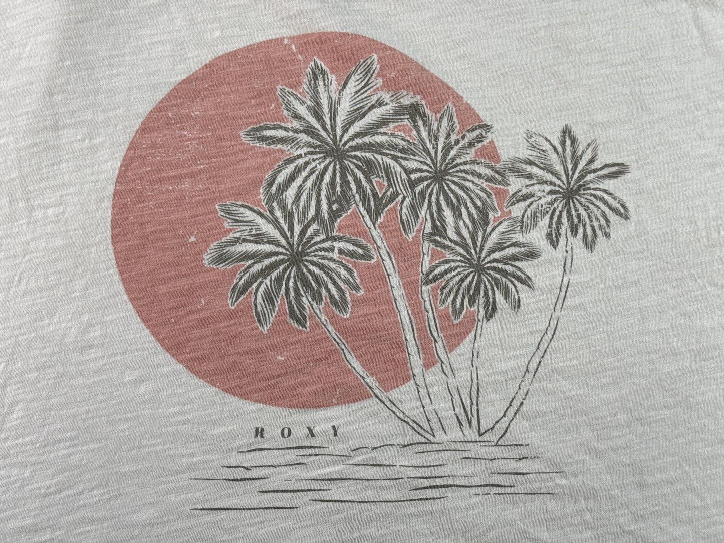 Roxy Womens Beige Graphic Tee Palm Tree Print Loose Fit Top 100% Cotton