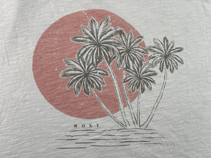 Roxy Womens Beige Graphic Tee Palm Tree Print Loose Fit Top 100% Cotton