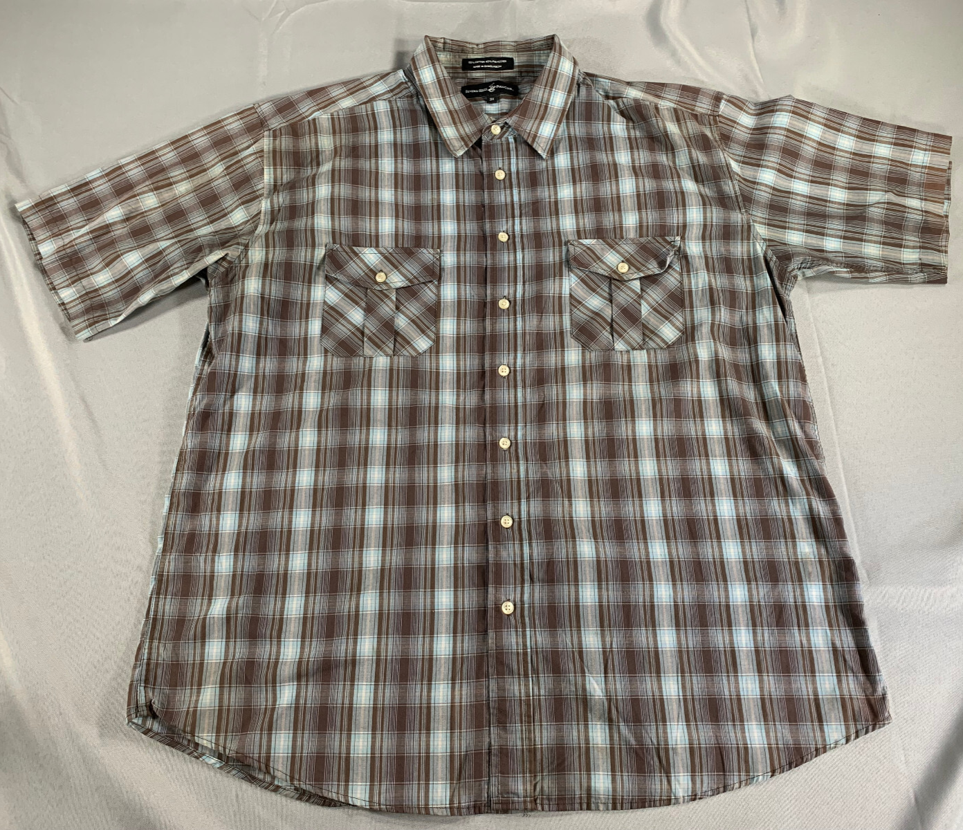 Beverly Hills Polo Club 3XL Plaid Shirt Brown Blue Button Up Western Pockets 141