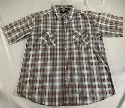 Beverly Hills Polo Club 3XL Plaid Shirt Brown Blue Button Up Western Pockets 141