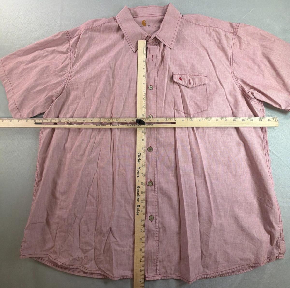 Carhartt Mens 2XL Pink Burgundy Chambray Short Sleeve