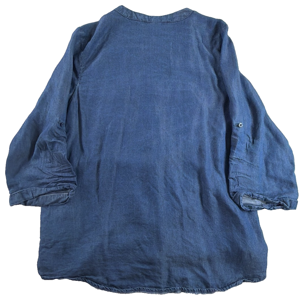 Alex & Parker Chambray Lyocell Button Down Tunic Top Blouse V-Neck Pockets M