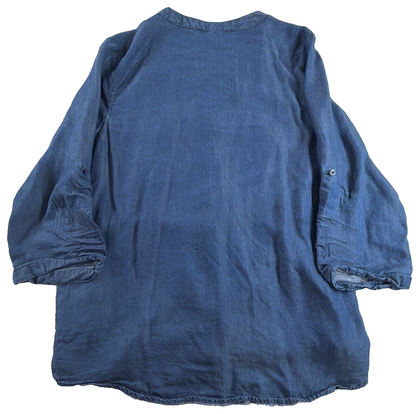 Alex & Parker Chambray Lyocell Button Down Tunic Top Blouse V-Neck Pockets M