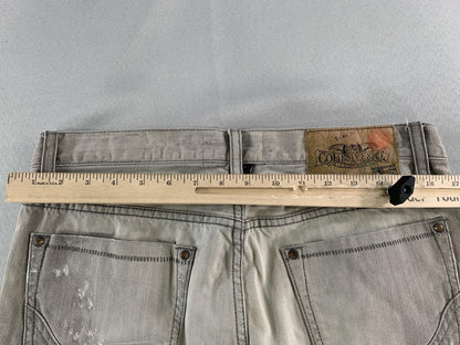Cohesive & Co Jeans Mens 34x31 Gray Distressed Straight Leg Button Fly Raw Edge