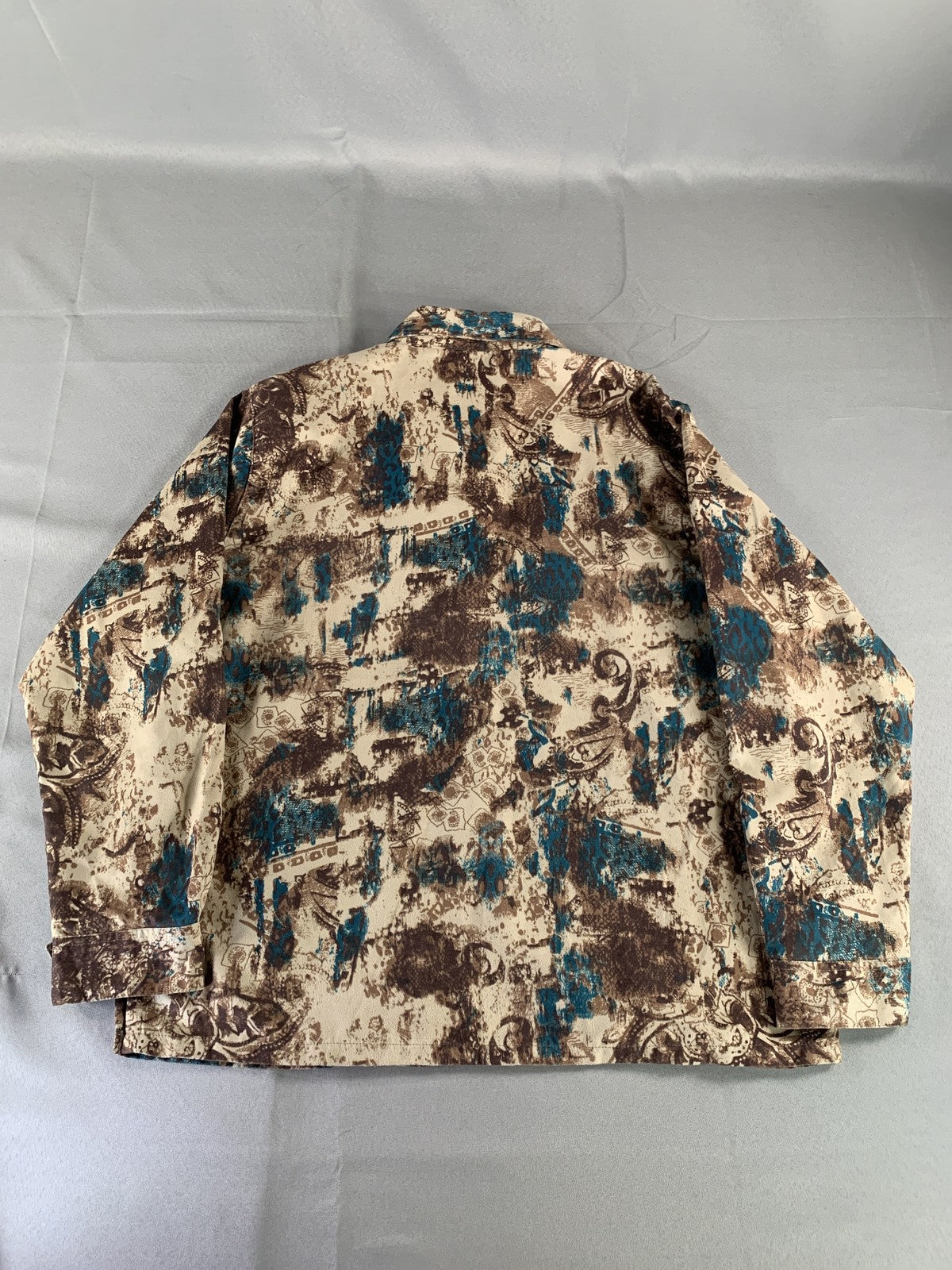 Keneth Too Shirt Womens Plus XL Beige Blue Brown Abstract Print Button Up Top