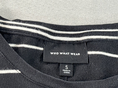 WHO WHAT WEAR Striped Tee Womens S Black Cotton Crewneck Short Sleeve Slim Fit