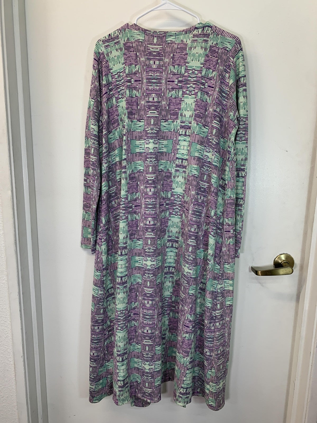 LuLaRoe Sweater Cardigan Womens Large Purple Green Sarah Geometric Pockets Knit
