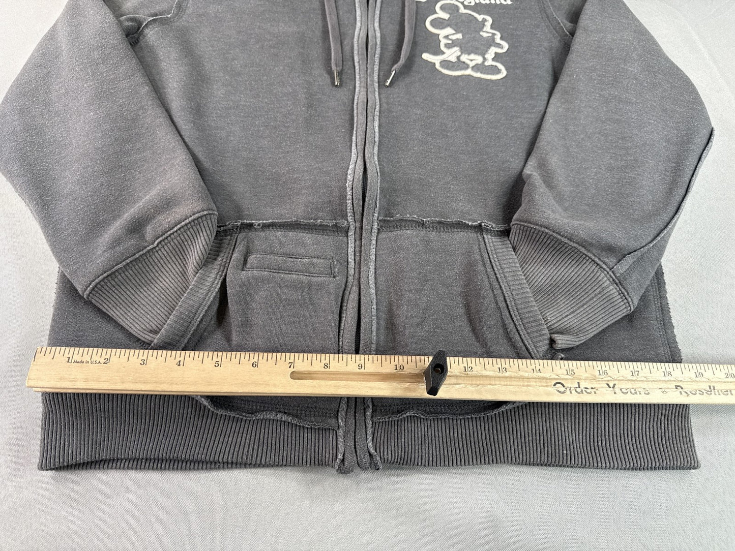 Disney Parks Mickey Mouse Hoodie L Gray Cotton Polyester Fleece Lined Zip Up Red