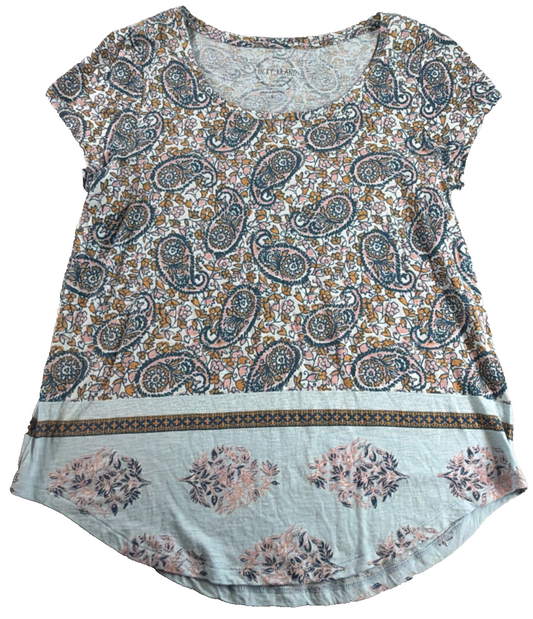 Lucky Brand Womens L Paisley Floral Mixed Print Boho Short Sleeve Tee Top LA