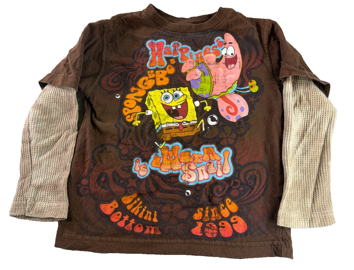 SpongeBob Boys 4/5 Brown Long Sleeve Layered Thermal Shirt Nickelodeon 2010