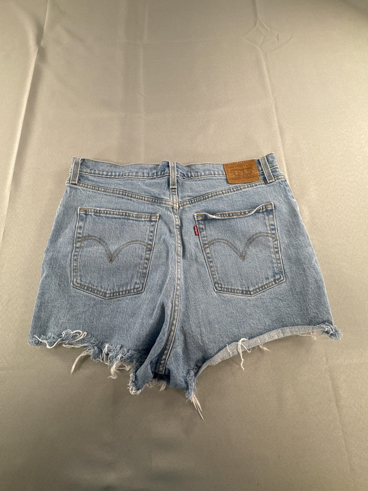 Levis Ribcage Shorts Womens 33 Blue Denim Distressed High Rise Button Fly 5275