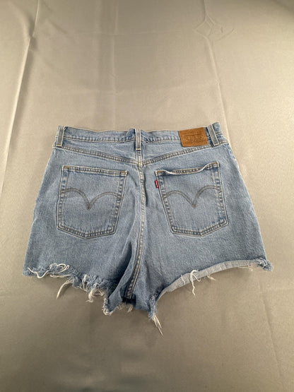 Levis Ribcage Shorts Womens 33 Blue Denim Distressed High Rise Button Fly 5275