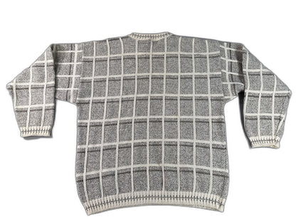 Bill Blass Checkered Crewneck Sweater M Gray Cotton Blend Long Sleeve