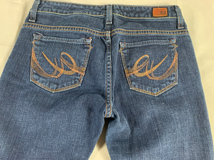 X2 Slim W10 Low Rise Flare Jeans Dark Wash Stretch Bootcut Embroidered Pocket