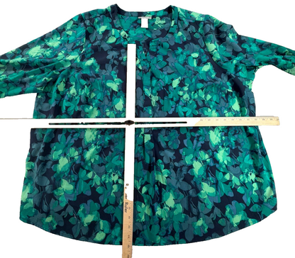 Catherines Women 2X 22/24W Navy Teal Green Floral Blouse Long Sleeve Pullover