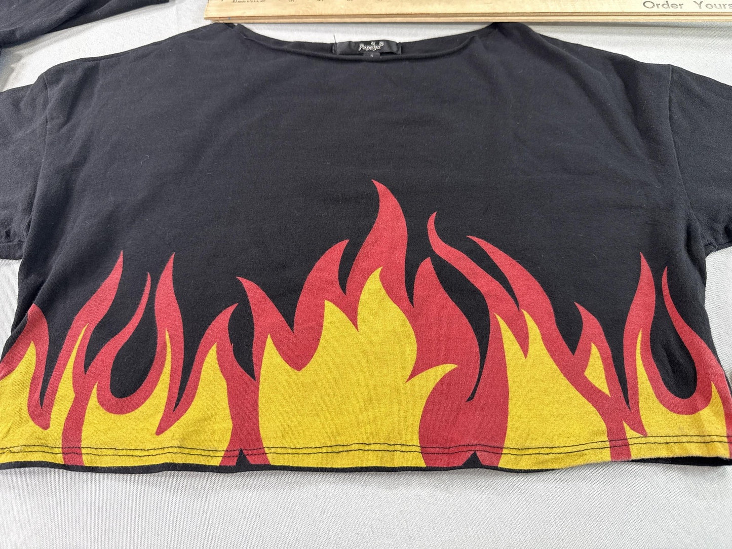 Burning Flame Bell Sleeve Top Black Red Yellow Graphic Off Shoulder