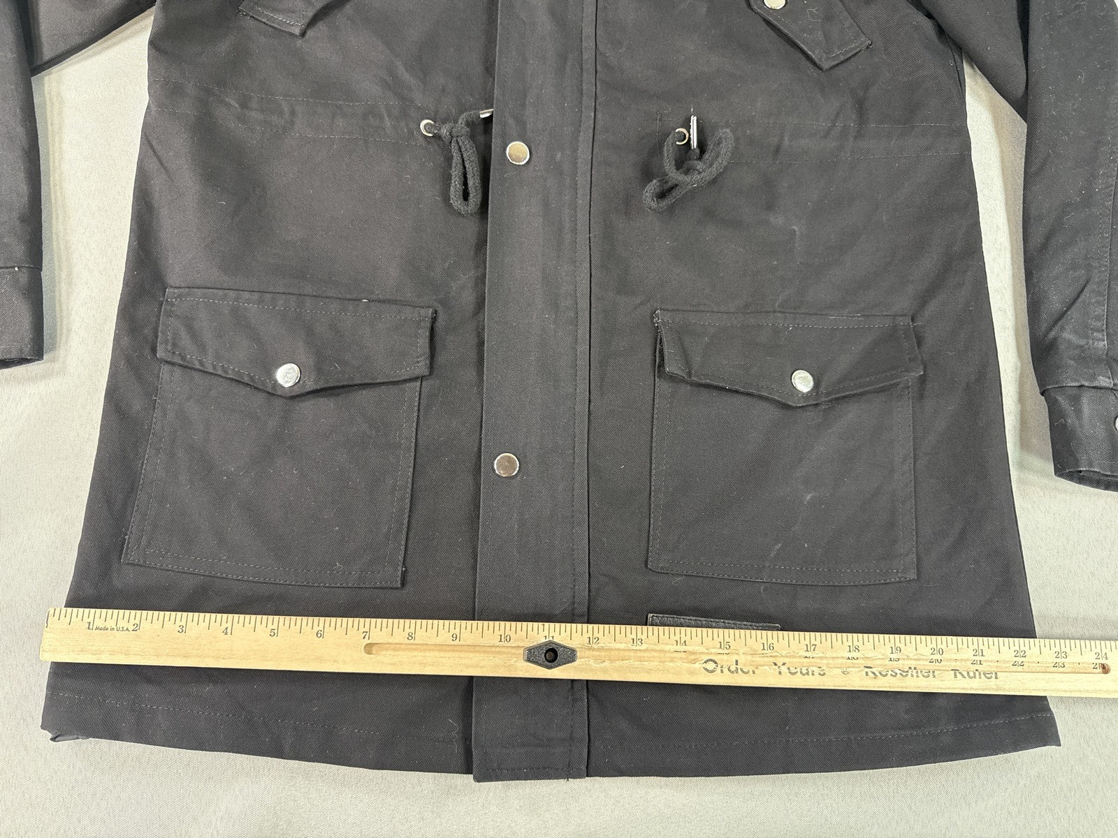 TOP THREADS Utility Jacket Mens Black Canvas Hooded Heavy Duty Snap Closure L