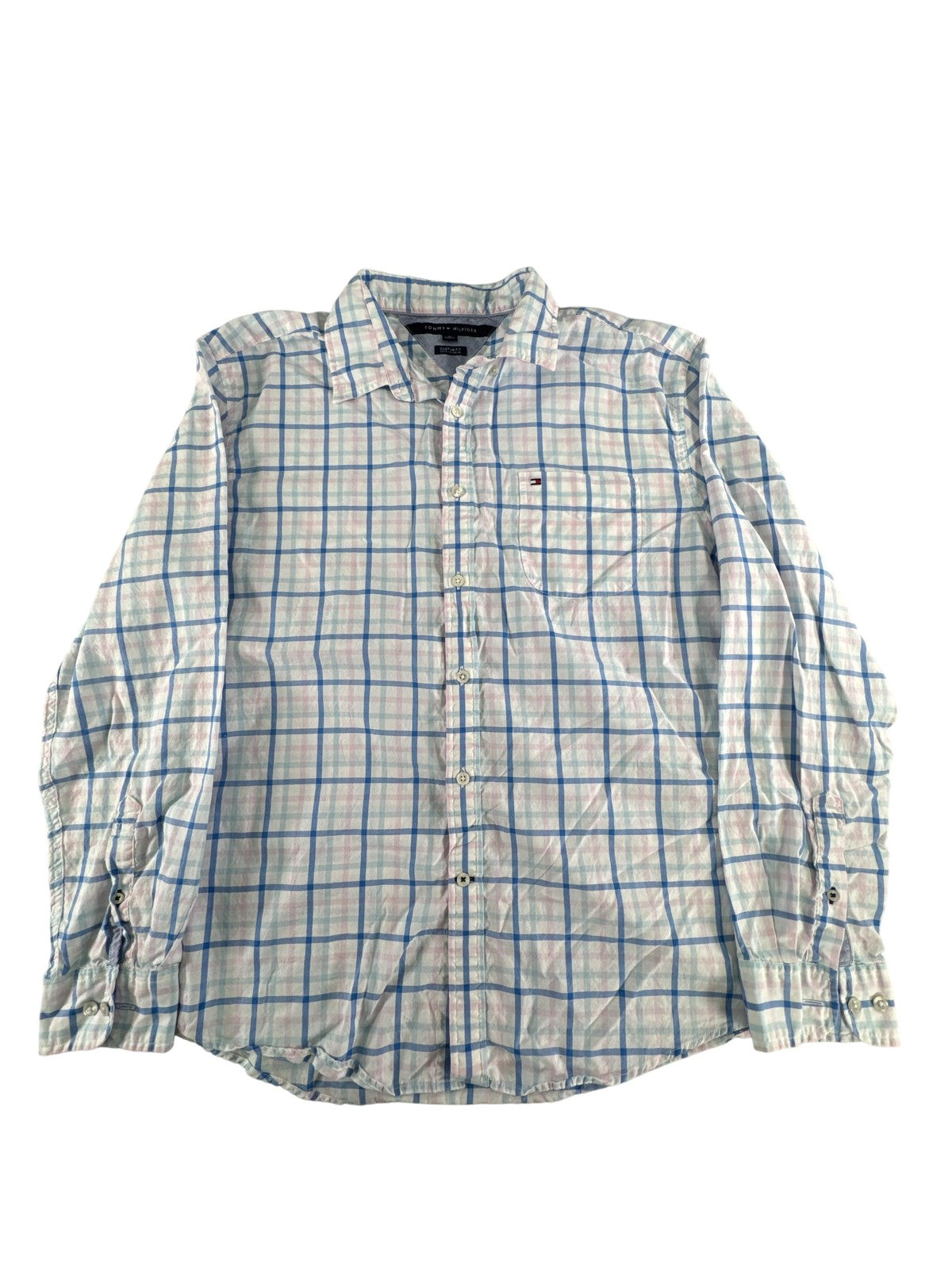 Tommy Hilfiger Shirt Mens XL Blue Pink Plaid Custom Fit Button Up Long Sleeve