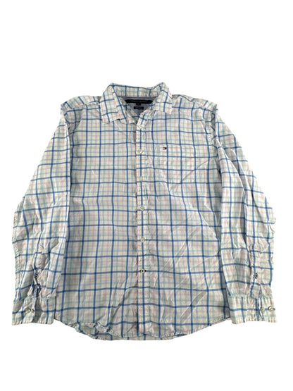Tommy Hilfiger Shirt Mens XL Blue Pink Plaid Custom Fit Button Up Long Sleeve