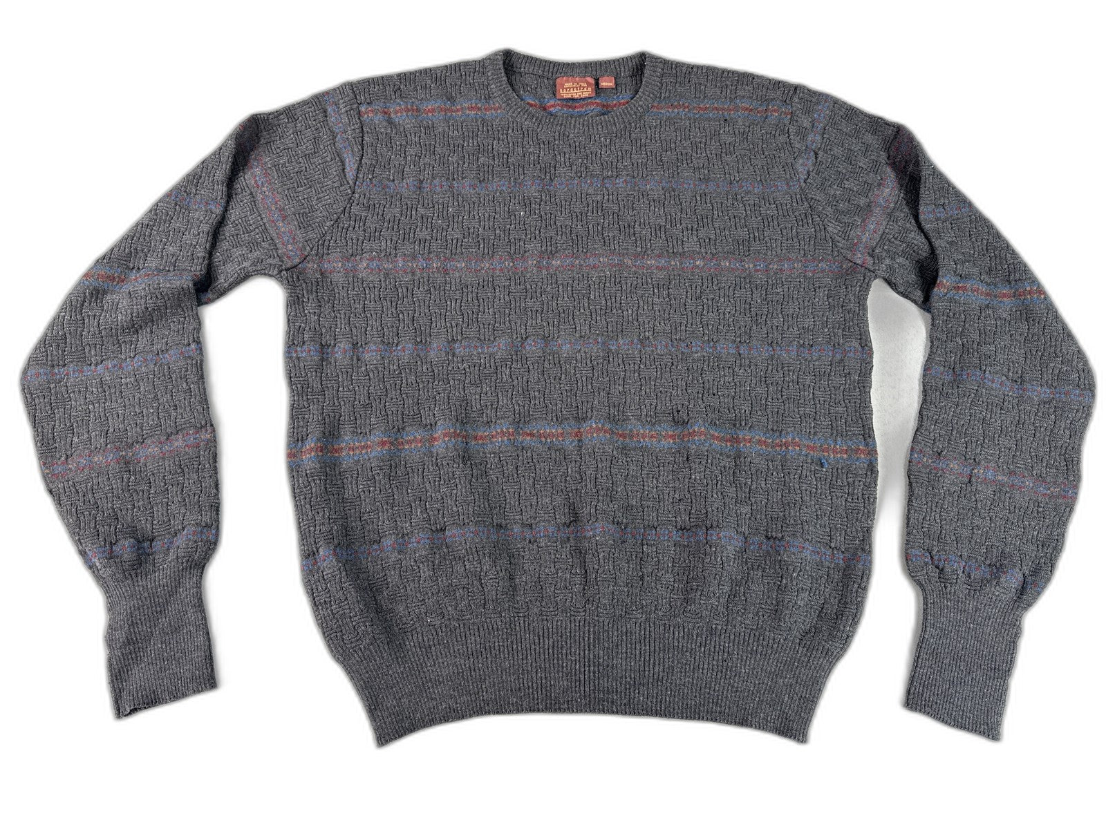 Nordstrom Classic Striped Sweater Medium Gray 100% Extra Fine Merino Wool