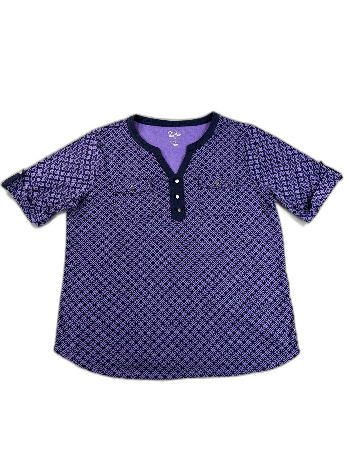 Croft Barrow Purple Geometric Print Henley Short Sleeve Top Womens XXL 100%