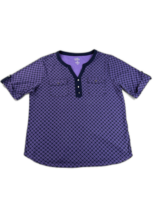 Croft Barrow Purple Geometric Print Henley Short Sleeve Top Womens XXL 100%