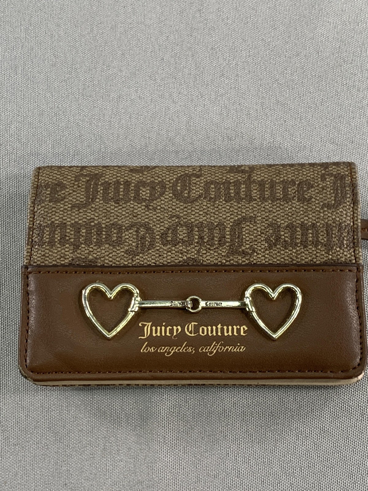 Juicy Couture Wallet Card Case Womens Brown Monogram Heart Bit Zip Coin Pocket
