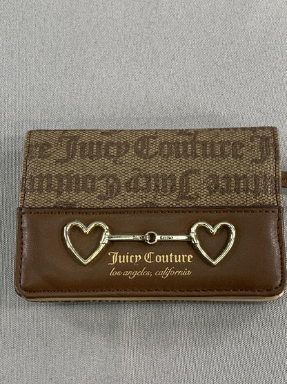 Juicy Couture Wallet Card Case Womens Brown Monogram Heart Bit Zip Coin Pocket