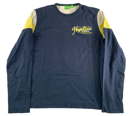 Hugo Boss Green Men's Small Long Sleeve Tee Navy Colorblock Yellow Est 1997