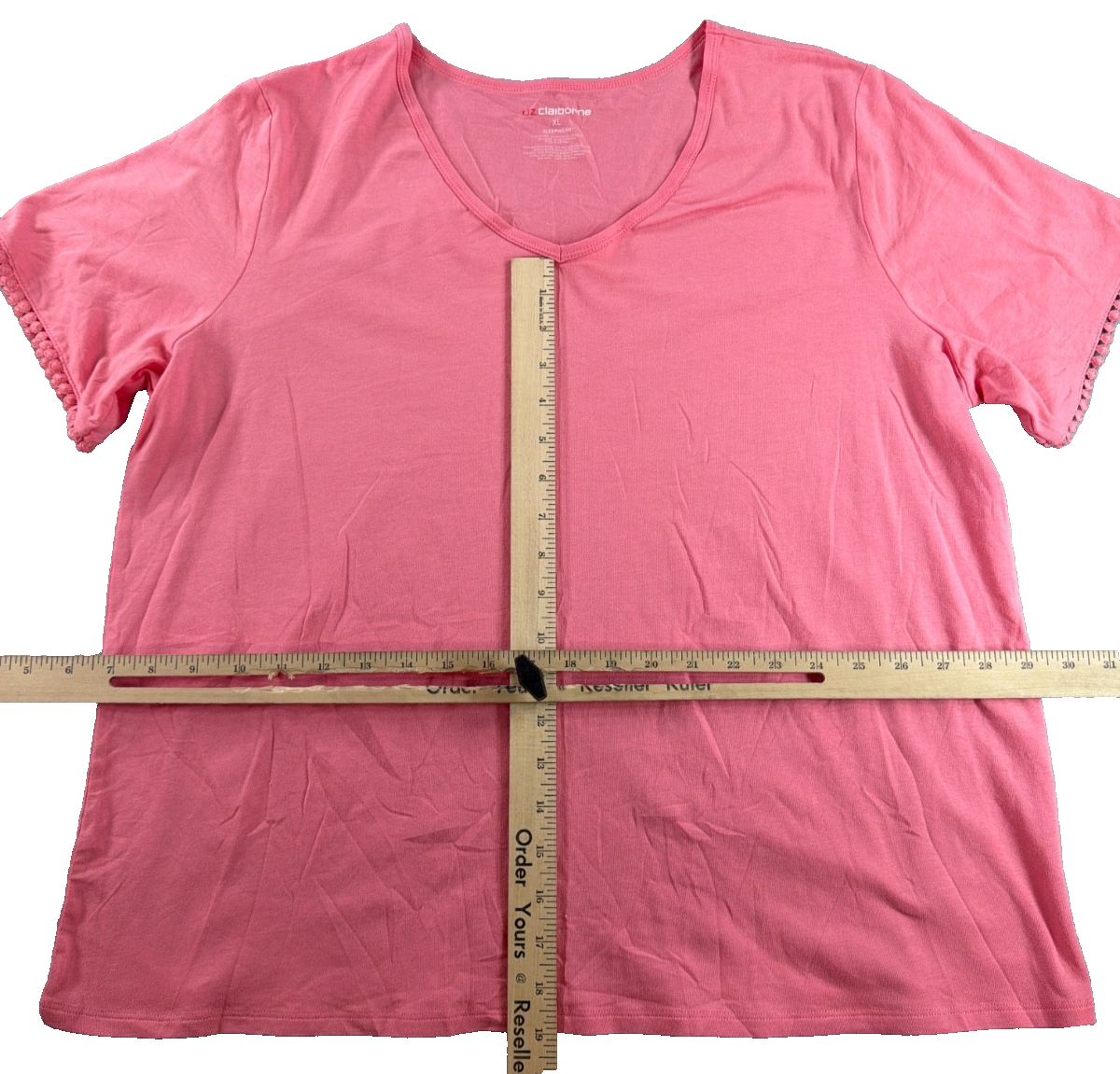 Liz Claiborne Sleepwear Women XL Pink Pajama Top Short Sleeve Pom Pom Trim