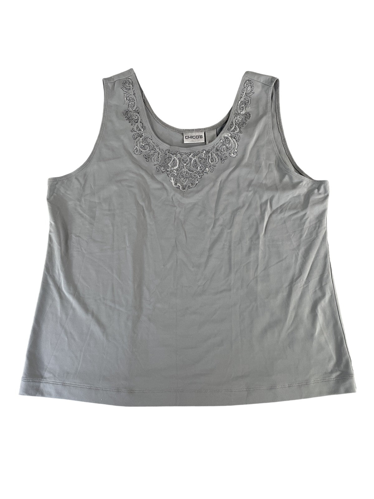 Chicos Tank Top Womens Size 3 Gray Embellished Sequins Sleeveless Stretch Blouse