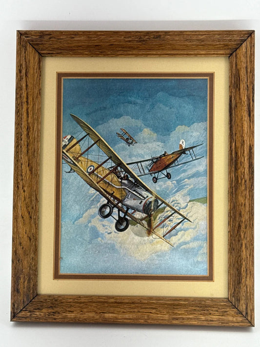 WWI Biplane Dogfight Framed Aviation Art Print 11x12.5 English Oak Frame Vintage
