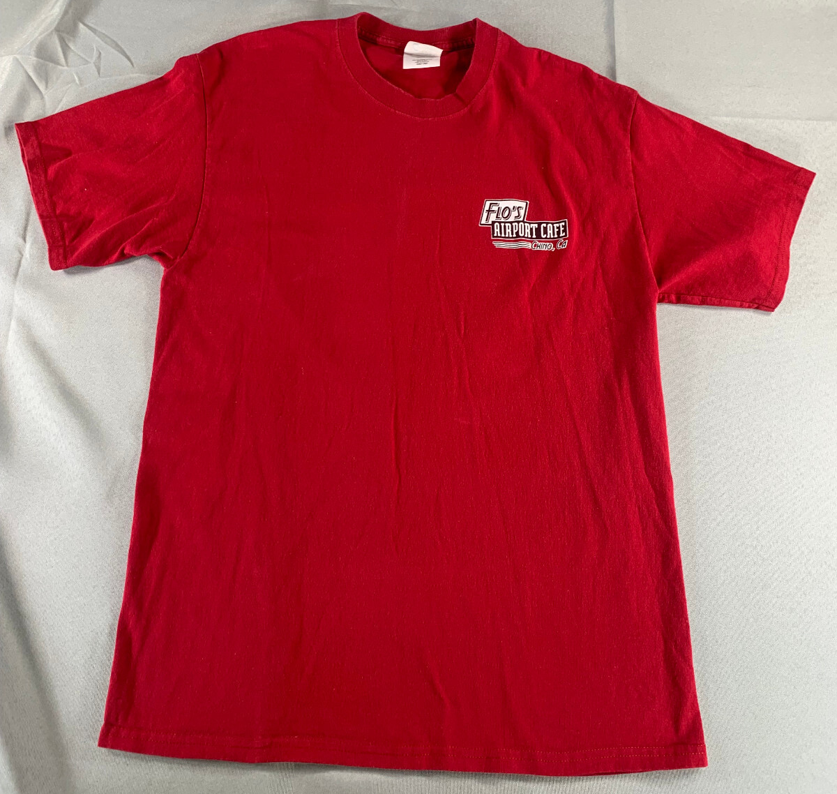 Flo’s Airport Cafe Chino CA T-Shirt Red Port & Co Plane Diner Graphic L Vintage