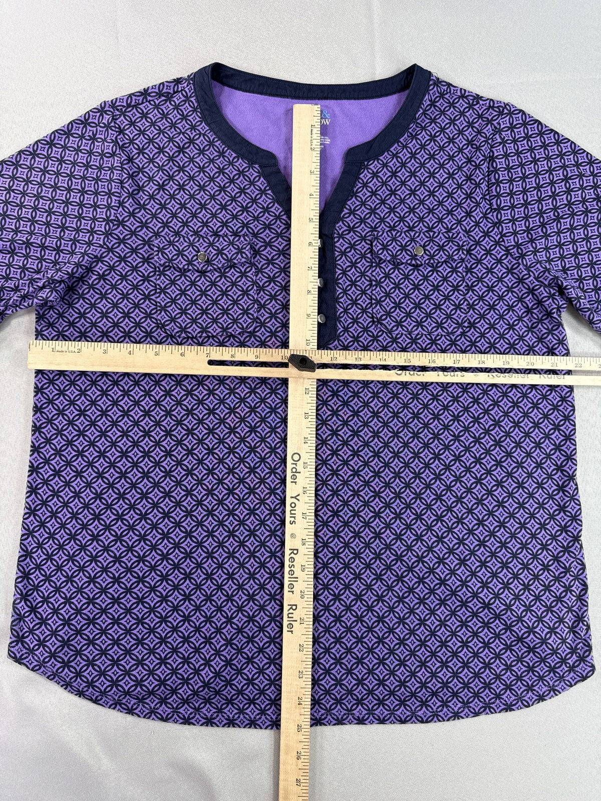 Croft Barrow Purple Geometric Print Henley Short Sleeve Top Womens XXL 100%